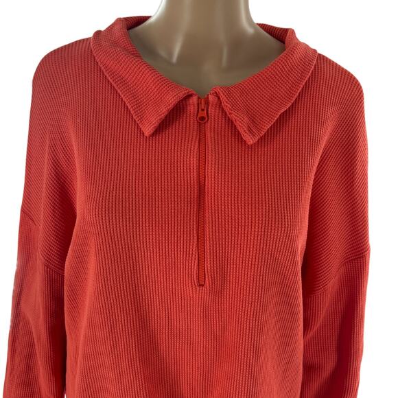 Kule Orange Red Rosewell Waffle Knit Cotton Quarter Zip Pullover - Picture 3 of 11